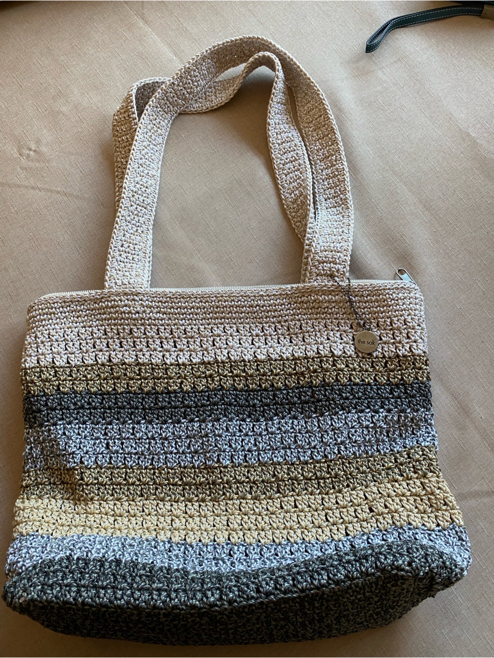 The Sak Striped Crochet Tote in Cream, Gray and Beige